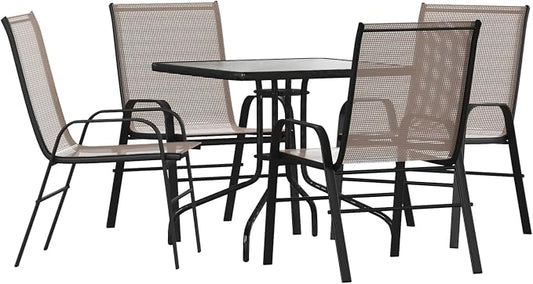 Flash Furniture Brazos 5 Piece Outdoor Patio Dining Set - 4 Brown Flex Comfort Stack Chairs - 31.5" Square Tempered Glass Patio Table