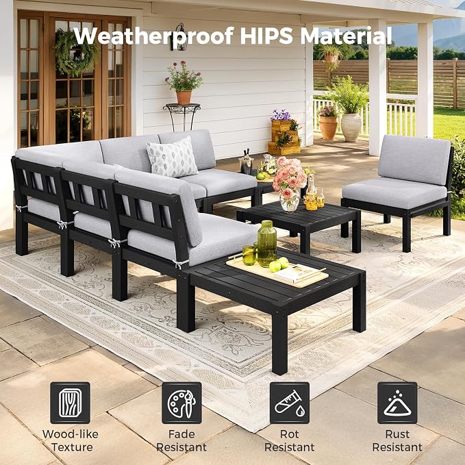 Outdoor Patio Chairs Set of 2, HIPS Modular Sectional Seatings & Thick Cushions– Side Interlock Easy to Connect, Weatherproof Patio Furniture Set for Backyard, Deck, Poolside (Black)