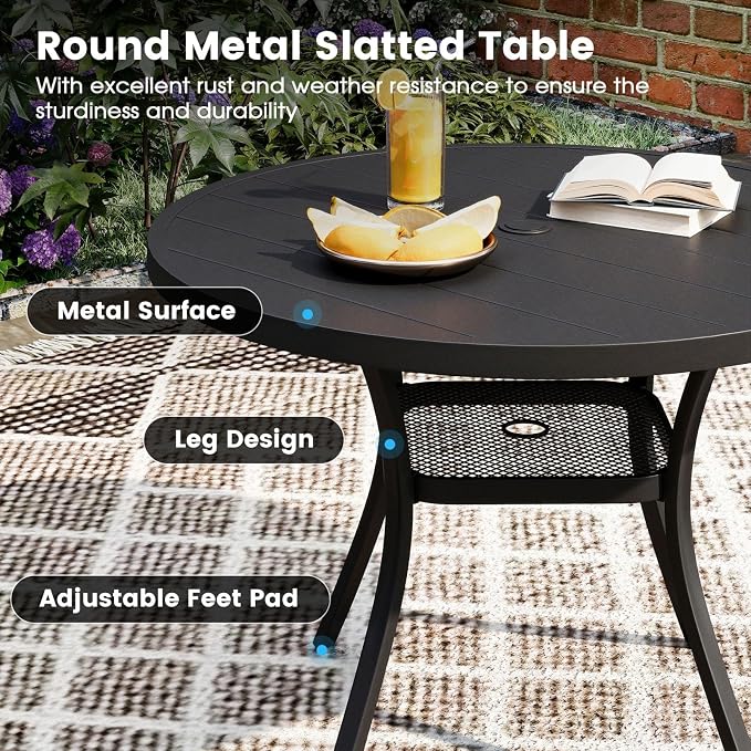 DIFY Patio Round Dining Table, 42" All Weather Round Outdoor Table with 1.57" Umbrella Hole for 4 Person, Perfect for Balcony Garden and Backyard, Black