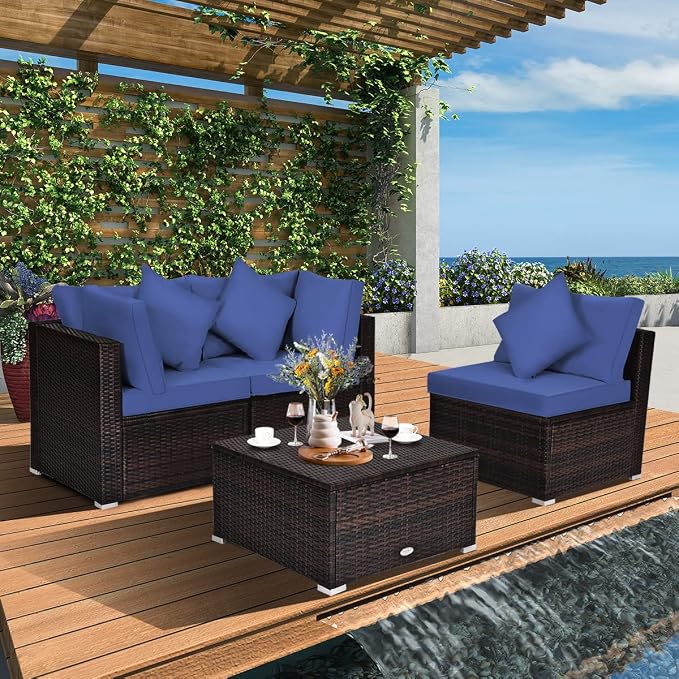 Tangkula 4 PCS Patio Rattan Sofa Set, Outdoor Wicker Sectional Furniture Set, Patio Conversation Set with Removable Cushions & Pillows for Backyard Porch Garden Poolside Balcony (Blue)