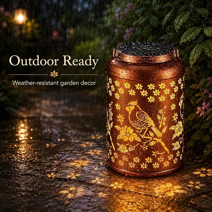 Solar Lanterns Outdoor Waterproof Garden Decor Gifts for Women Mom Grandma | Garden Lantern with Flower Shadow Projection, Decorative Solar Light for Patio Porch Yard Tree (Red Bird)