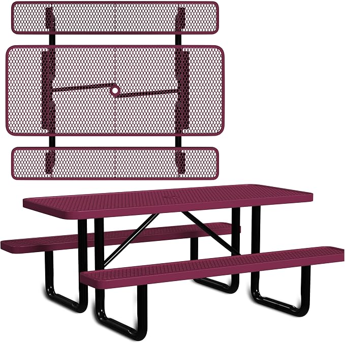 Leisure Craft Metal Picnic Table with Bench - 6 ft Rectangle Outdoor Dining Table for 6, Umbrella Hole, Weatherproof Heavy Duty Thermoplastic Coating, Commercial Grade Furniture Made in USA - Burgundy