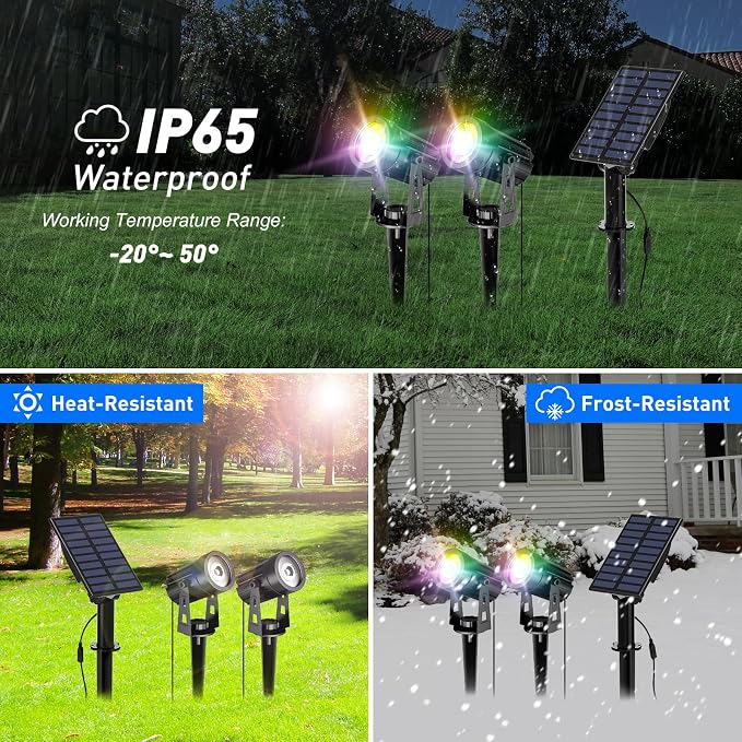 T-SUN Color Changing Solar Spot Lights Outdoor, Outdoor Waterproof RGB Landcape Spotlights, Dusk to Dawn Solar Lights for Garden, Pond, Yard, Trees, Pathway(RGB)