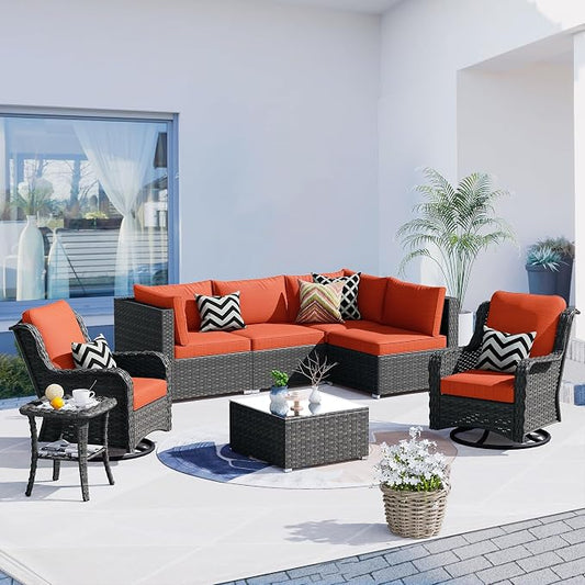HOOOWOOO Patio Outdoor Sectional Furniture Sofa Set with Swivel Chairs,8 Piece L Shaped Corner Wicker Rattan Couch Set with Glass Table,Modern 6 Persons Summer Patio Conversation Set(Orange Red)