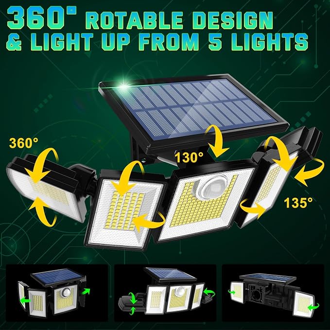 MDCMDCM Solar Lights Outdoor Waterproof Motion Sensor - 416 LEDs 3000 Lumens Super Bright 3 Brightness 3 Modes 360° Illumination 32ft Solar Flood Security Light for Outside (with Stakes, 2)