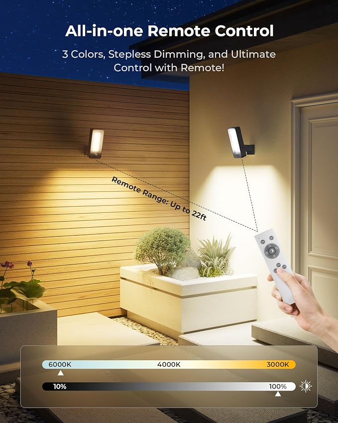 2 Pack Motion Sensor Outdoor Lights, 10000mAh Rechargeable Battery Operated Outdoor Lights with Remote, 3 Modes with Red Alert, Dimmable & 3CCT, Outdoor Security Lights for Porch, Backyard, Garage