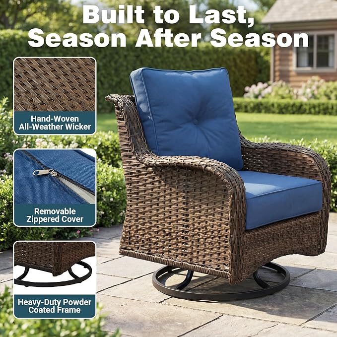 Luxury Patio Conversation Set, 8-Piece Ergonomic High Back Wicker Sofa&Swivel Chair Set with 6-Inch Deep Seating Cushions, Large Patio Furniture Set for Garden, Deck & Balcony, Navy Blue