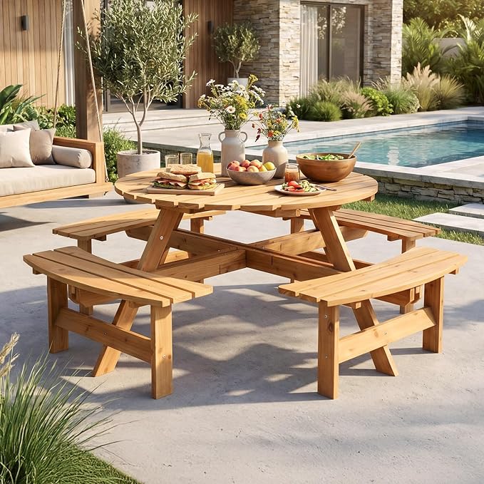 VINGLI 8-Person Wood Picnic Table Outdoor Round Picnic Table with Umbrella Hole and 4 Built-in Benches, Outdoor Dining Tables and Chairs 500 LBS Bench Capacity (Natural, Round)