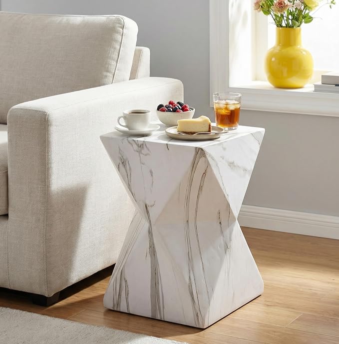 Christopher Knight Home 18.5 Inch Modern Geometric MGO Side Table Hourglass Accent End Table Faux Marble Look Indoor Outdoor Patio Living Room Bedroom