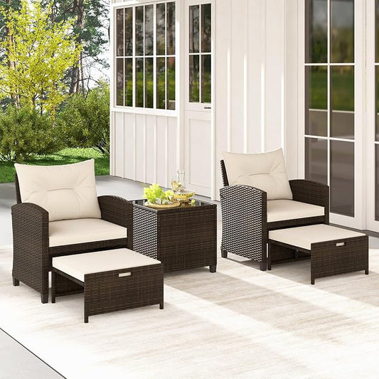 COSTWAY 5-Piece Rattan Conversation Set, Outdoor Wicker Sofa, Tempered Glass Coffee Table & Ottomans for Small Space, Boho Chic Indoor/Outdoor Furniture Set for Poolside, Backyard, Deck (White)