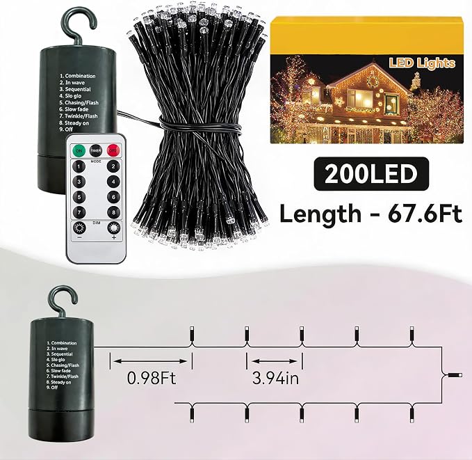 Purple Battery Operated String Lights 66FT 200LED with Remote Timer | Halloween Fairy Lights Waterproof 8 Modes with Memory Indoor Outdoor Decor for Party Bedroom Holiday