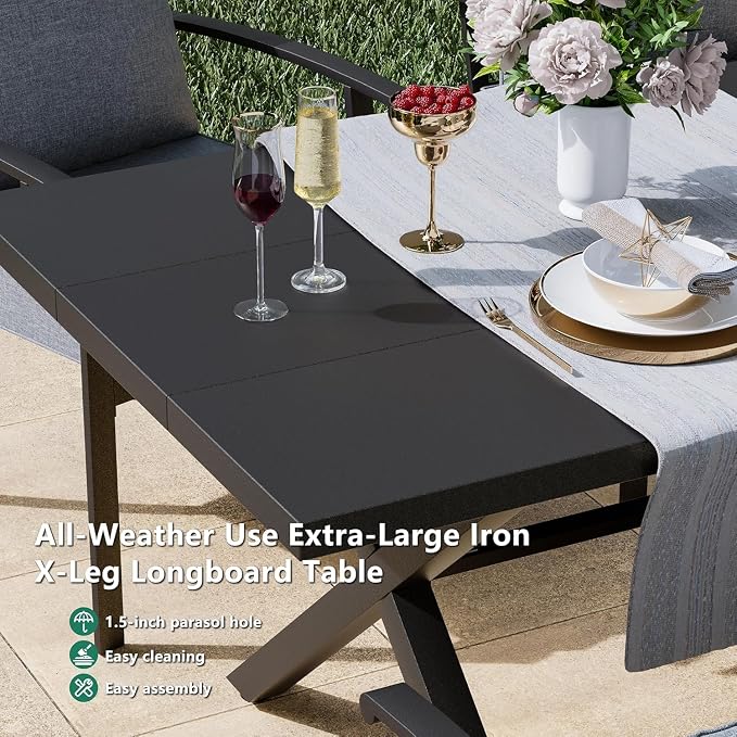 Kullavik 9 Pieces Outdoor Dining Set,Patio Dining Table and Chairs Set for 8,Fence Pattern Back Chairs with Thickened Cushions & Rectangular Metal Dining Table with Umbrella Hole for Patio,Grey