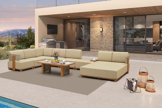 PURPLE LEAF Patio Furniture Set Modular U-Shaped Outdoor Sectional Sofa with 11" Thick Cushion 8-Piece Outdoor Conversation Set w/Daybed & Coffee Lights for Poolside Ottoman & Table Included, Beige