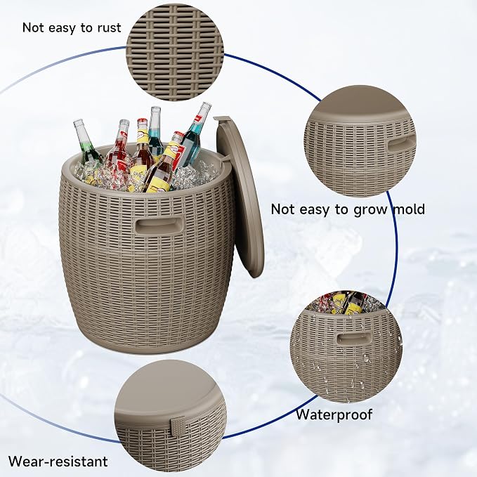 Outdoor Cooler Side Table, 9.5 Gallon Weather-Resistant Portable Ptio Cooler Table, Resin Rattan Round Cool Bar with Lid for Patio, Decor, Pool, Party (Gray)