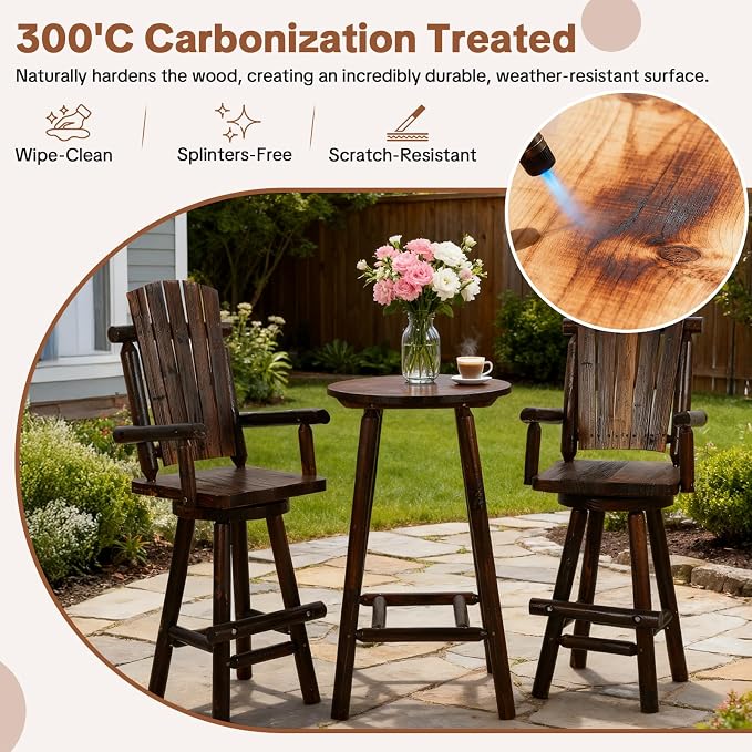 HOMEDIARY Outdoor Solid Wood Bar Table, 41.9” Round Log Patio Bar Counter Height Table, Rustic Adirondack High Top Bar Table, Heavy Duty Bistro Pub Table for Backyard, Deck & Indoor Use, Carbonized