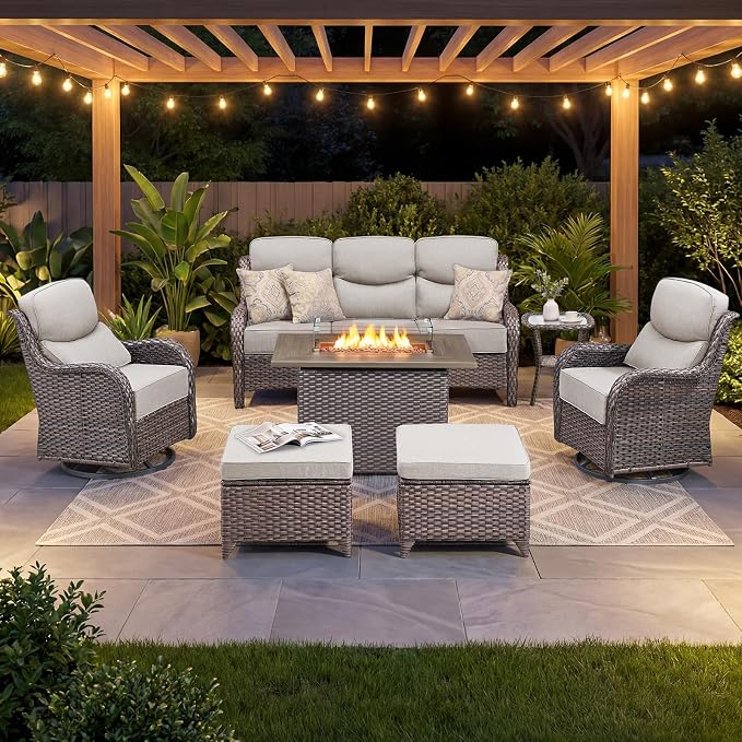 Luxury Patio Furniture Set with 6-inch Thick Cushion, Outdoor Furniture with Fire Pit Table, Swivel Chairs, Sofa, Side Table, Ottomans, 7pcs Wicker Conversation Set (Brown Wicker | Beige Cushion)
