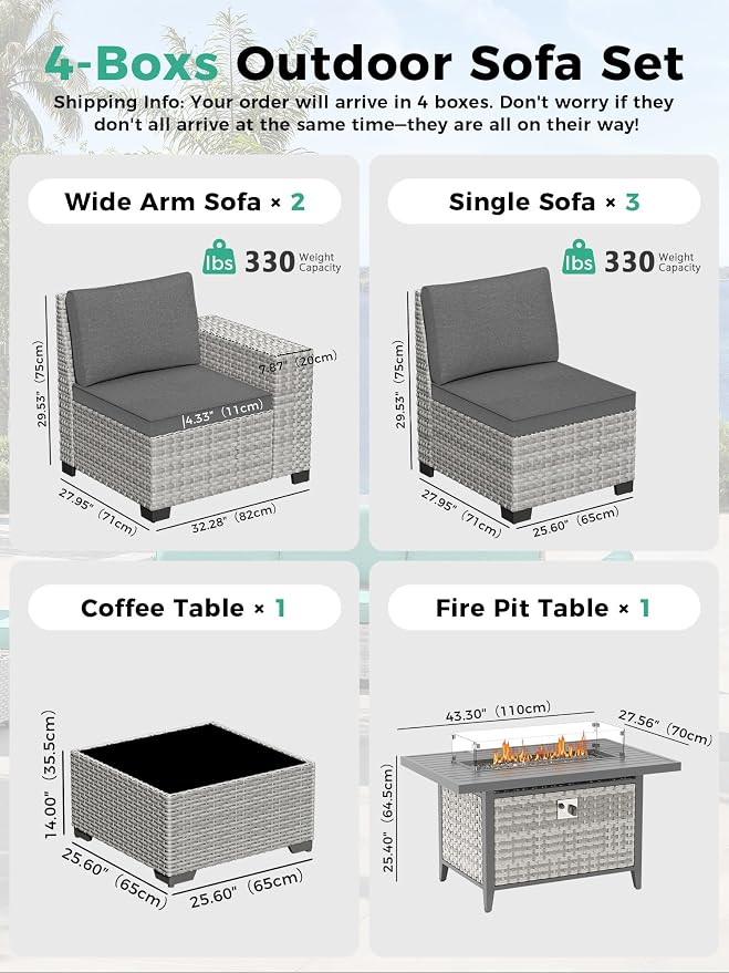 7 Piece Outdoor Wicker Sectional Sofa Set with Fire Pit Table, 5-Seats Conversation Set with 4" Thickened Cushions & Coffee Table, All-Weather PE Rattan for Garden, Backyard, Charcoal Gray