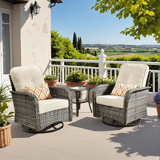 CAODOC 3-Piece Swivel Rocking Rattan Chair Outdoor, Patio Bistro Furniture Conversation Set, Wicker Chair with Coffee Table Beige