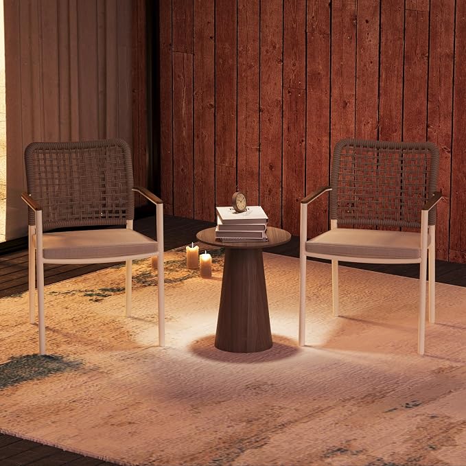 Modern Shade Riviera Outdoor Dining Chairs Set of 2, Fade Resistant, All-Aluminum Woven Rope Outdoor Chairs with FSC Teak Wood Armrests, Weather-Resistant Patio Chair with Quick Dry Cushion, Beige