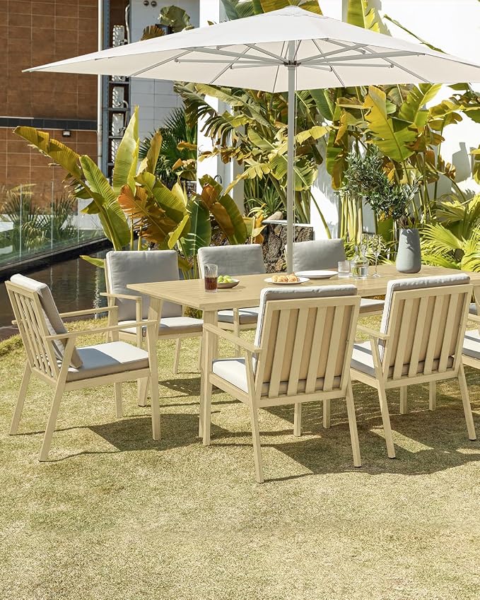Outdoor Patio Dining Table for 8, Never-Rust Aluminum Outdoor Dining Table with 2.2" Umbrella Hole, 8 Person Outdoor Patio Dining Table Furniture for Decks, Garden, Porch, Lawn, Maple Wood