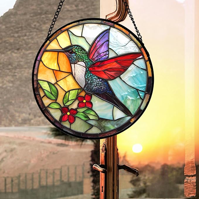 DASTOLL Stained Glass Window Hanging, Hummingbird Gifts Sun Catchers Diamond Glass Panel Hangings Birds Suncatcher Decor for Birthday for Women, Men, Wife, Aunt, and Mom 14.9x14.9 in