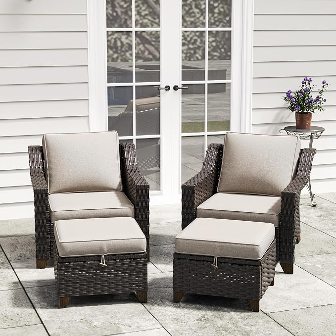 4 Pieces Patio Conversation Furniture Set - 2 Chairs with Ottomans Set of 2, Outdoor Wicker Armchairs with Water-Resistant and Washable Cushions for Porch, Balcony, Sunroom (Beige)