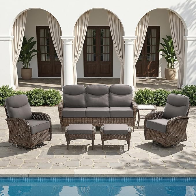 HUMMUH 5-Piece Patio Furniture Set with Upgraded 6" Thick Cushion - High Back Outdoor Swivel Rocker Chairs with 3-Seater Sofa,Ottomans,Wicker Outdoor Conversation Set for Deck,Porch,Yard,Poolside