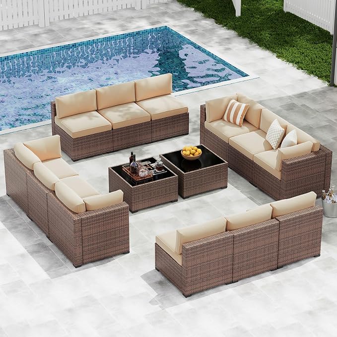 LazySunsets 14-Piece Patio Furniture Set, Wicker Rattan Outdoor Furniture with Thick Cushions, Patio Conversation Sets with Coffee Table, Outdoor Sectional Couch Sofa, Beige