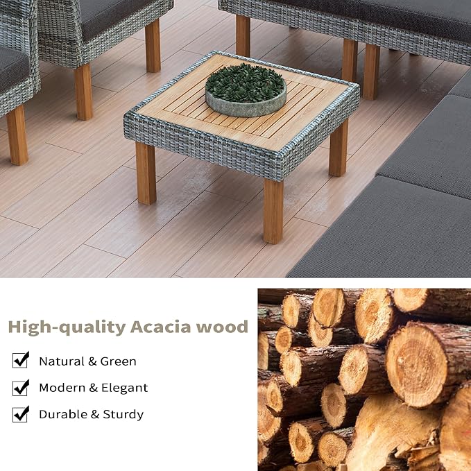 VilroCaz 9-Piece Outdoor Patio Sectional Sofa Set, PE Rattan Conversation Sofa Set with Acacia Wood Legs, Modern All Weather Outdoor Garden Furniture Set with Comfortable Cushion and Coffee Table