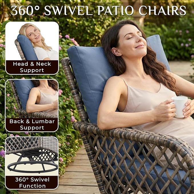 AECOJOY Patio Furniture Set Outdoor Sectional Sofa Couch and High Back Swivel Rocker Patio Chairs 6PCS Brown Wicker Conversation Set (6PCS- Whole Set, Dark Blue)
