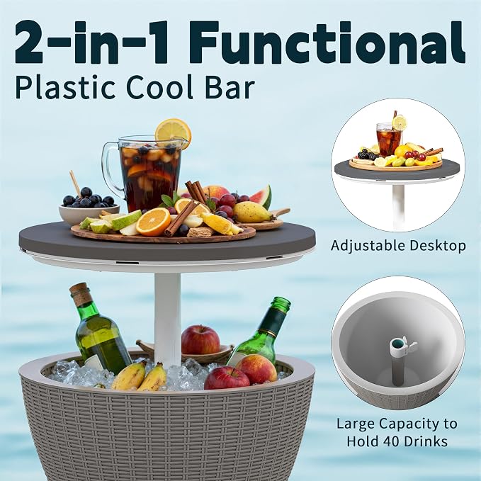 ROJIK 3-in-1 Resin Ice Bucket & Beverage Cooler – Wood Look Patio Table, UV Protection & Drain Plug for Outdoor Parties, Bars, and Poolside Use