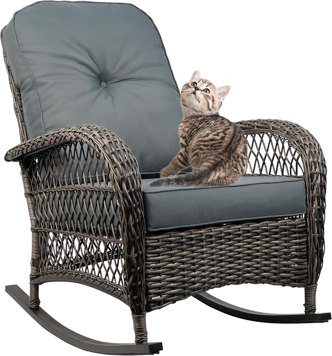 Outdoor Wicker Rocking Chair, All Weather Resin Rattan Wicker Rocking Chairs and Glass Coffee Table, for Garden Backyard Lown Porch,3pc,Grey