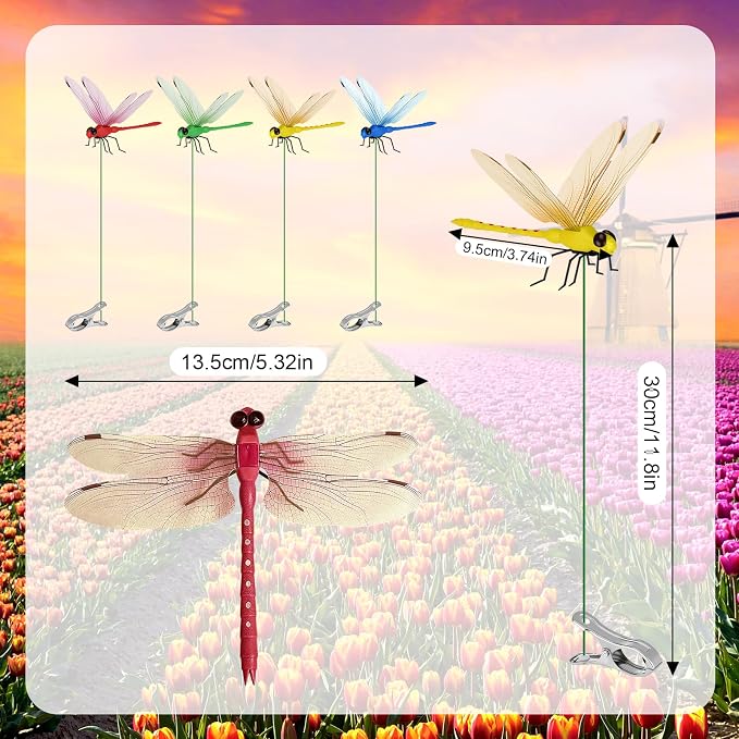 24pcs Dragon Fly Clips for Bugs Repel Lent - Lifelike Outdoor Decorative Dragonflies for Patio, Porch, Plants, Yard and Backpack, Waterproof Summer Garden Ornaments