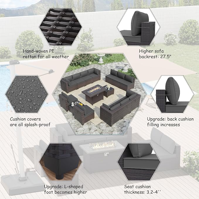 ALAULM 15 Pieces Patio Furniture Set with Aluminum Fire Pit Table Outdoor Furniture Sets 55000BTU Gas Fire Pit Brown PE Rattan Wicker Patio Conversation Sets w/12 Cushions (Grey)