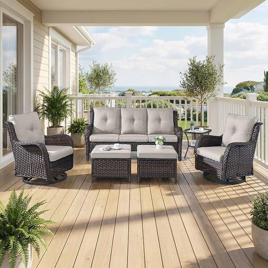6 Piece Patio Furniture Set with Ottoman - All Weather Patio Conversation Set with 4 Inch Thick Cushions and Deep Seating Swivel Glider Chairs & Outdoor Couch for Porch Deck Yard Pool