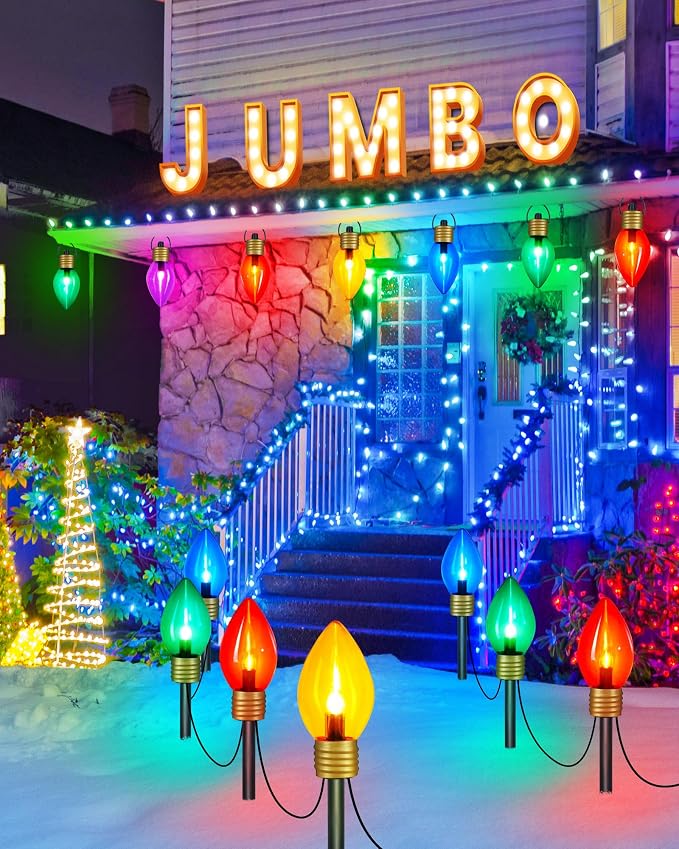 4Pack Jumbo C9 Christmas Pathway Lights Outdoor,Total 34FT C9 Walkway Light | 20 LED Multicolor Bulb Holiday Pathway Light with Marker Stake, Connectable Christmas Lights Outdoor Decoration for Lawn Yard