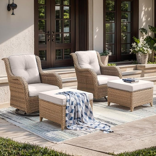 Outdoor Swivel Chairs-Patio Swivel Glider Chairs with Ottomans Outdoor Conversation Set for Deck Balcony Poolside Backyard-Yellow/Beige