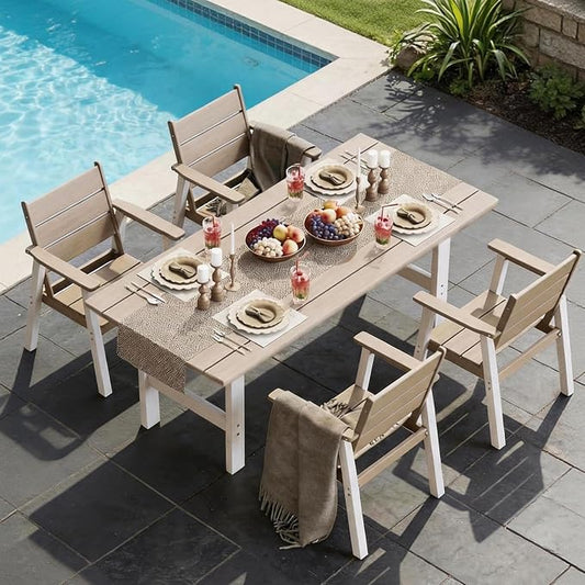 Outdoor Dining Set,5-Piece Patio Table and Chairs Set for 4, HDPE Outdoor Dining Table and Chairs with Umbrella Hole, All-Weather Patio Dining Furniture Set,White Brown