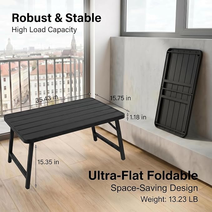 Outdoor Folding Coffee Table, 35.43 × 17.72 × 15.35 Inch Foldable Iron Patio Table, Weather-Resistant, No Assembly Required Black