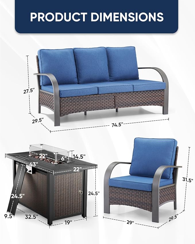 HUMMUH Wicker Patio Furniture Set with Fire Pit-Outdoor Wicker Chairs Set of 2 with Outdoor Patio Couch Outdoor Furniture Sets for Deck Porch Garden Poolside Backyard-Brown/Blue