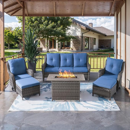 HUMMUH 6 Pieces Patio Furniture Set with Fire Pit Table Outdoor Conversation Set PE Wicker Patio Couch Swivel Glider Chairs Ottomans for Balcony Garden,Lawn,Deck