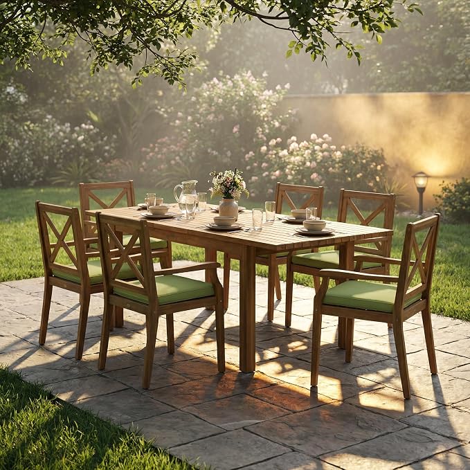 7-Piece Outdoor Patio Expandable Dining Table Set, All-Weather Acacia Wood Dinning Set with 6 Armchair and Cushions for Garden Backyard Balcony Deck Poolside (Green Cushions+Teak)