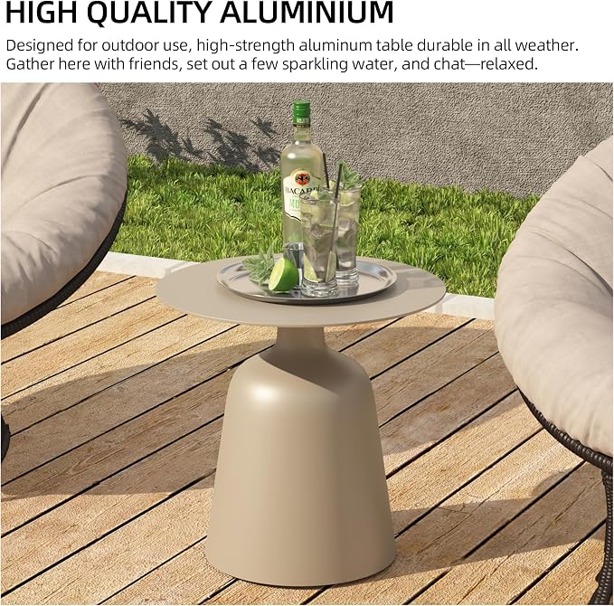 19.5" Round Pedestal Side Table, Stable Bell Base Modern Minimalist End Table, Small Coffee Accent Table for Living Room Bedroom Patio Balcony Indoor Outdoor, Champagne