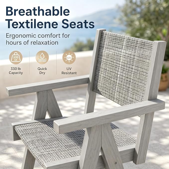 Outdoor Dining Table Set, 7 Piece HDPE Patio Set with Aluminum Dining Table & 4 Textilene Chairs, 69" Outdoor Table with Umbrella Hole for Deck, Lawn, Light Grey