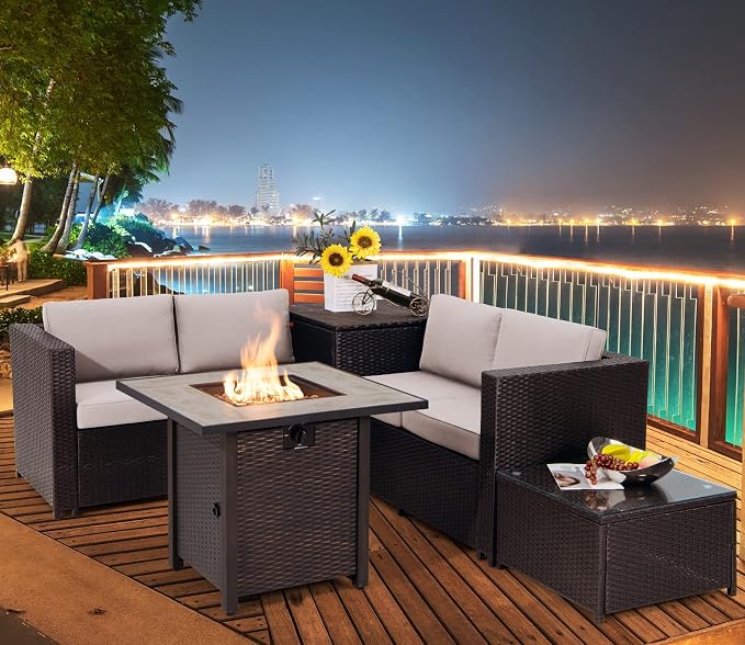 COSTWAY 5 Piece Patio Furniture Set with 30'' Fire Pit Table, Outdoor Wicker Rattan Loveseat Sofa with 4'' Thickened Cushions, 2 Side Tables, Sectional Conversation Set for Backyard (Beige)