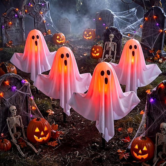 11.5FT Halloween Ghost Pathway Lights Outdoor, 4 Pack Hanging Porch lights | Adjustable Arms，Shatterproof, Waterproof, Plug in Halloween Decorations Outdoor for Lawn Driveway Garden Yard Decor