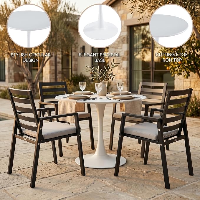 LeisureMod Bello 31" Round Outdoor Dining Table, Modern Black Metal Patio Bistro Table with Pedestal Base, Weather-Resistant Accent Table for Balcony, Garden, Deck, Backyard & Cafe, White