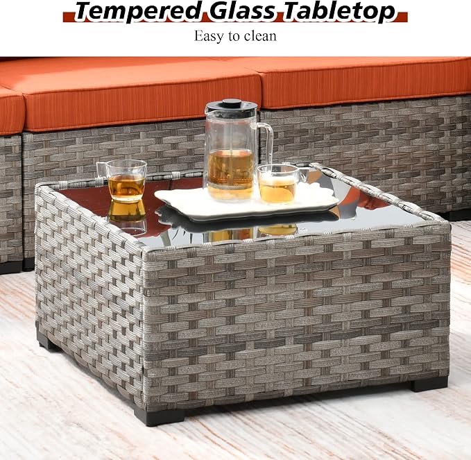 HOOOWOOO Outdoor Patio Sectional Furniture Sofa Set with Propane Gas Fire Pit Table,7 Piece Small Modern Wicker Couch with Widened Armrest,Modular Conversation Seating Set for Out Door(Orange Red)