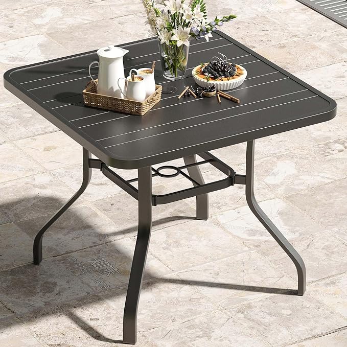 HRVEOCEI 35" Outdoor Square Table with Umbrella Hole, Metal Patio Dining Tables for Lawn Garden, Wood-Like Grain Bistro Table Outdoor for Backyard,Poolside,Deck,Por (Black, Square)