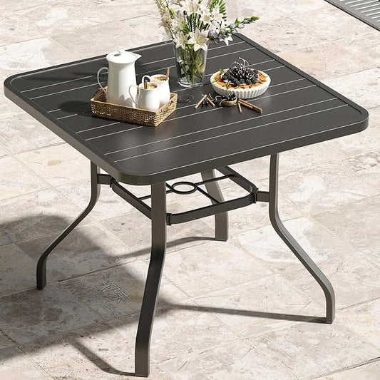 HRVEOCEI 35" Outdoor Square Table with Umbrella Hole, Metal Patio Dining Tables for Lawn Garden, Wood-Like Grain Bistro Table Outdoor for Backyard,Poolside,Deck,Por (Black, Square)
